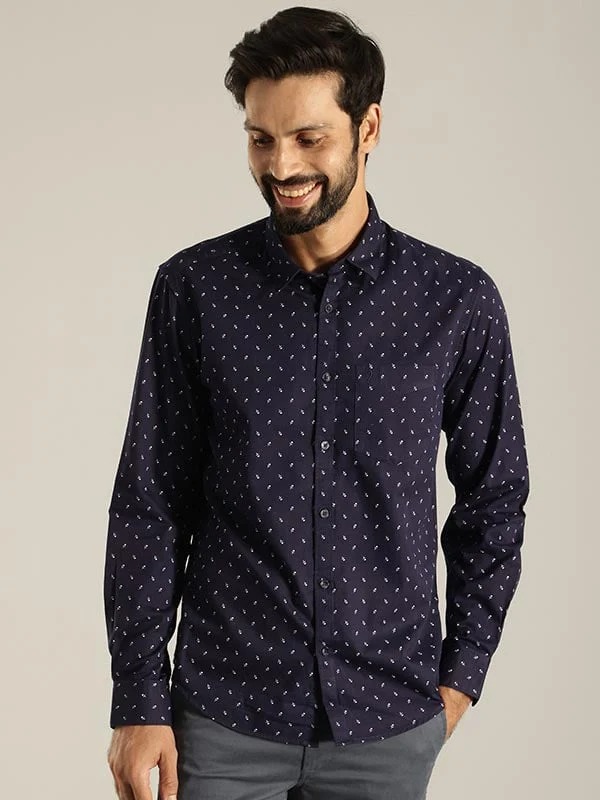 Indian Terrain Men's Slim Fit Full Sleeve All Over Print Navy Shirt